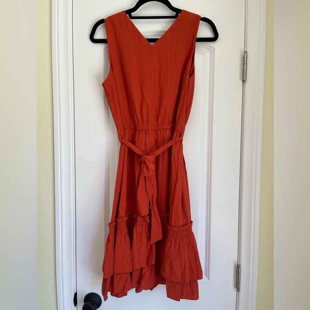 Calvin Klein Rust Orange Sleeveless V-Neck Ruffle Flare Dress Size 10